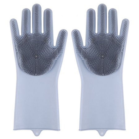 Silikon oppvaskhansker med børster Vanntett oljetett myke elastiske kjøkkenrengjøringshansker grå