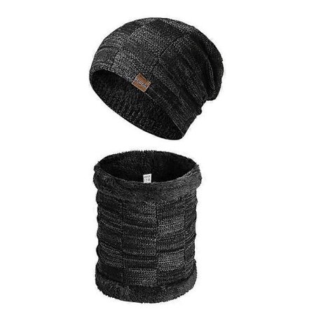 Varm strikket vinterlue med hals for menn, plysjlue med tykkere hals