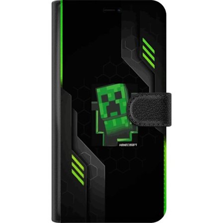 Yhteensopiva Lompakkokotelo Motorola Motorola Moto G15 Vihreä pikselipohjainen peli-esitys, jossa on futuristisia neon-elementtejä ja tumma tech-tau