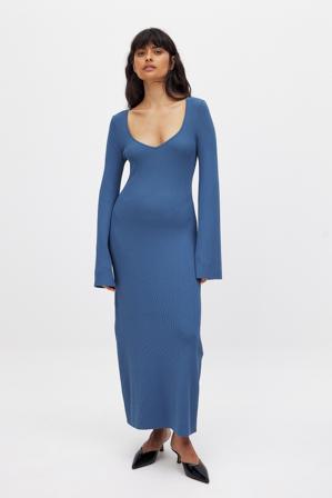 NA-KD Fine Knitted Trumpet Sleeve Midi Dress - Höstklänningar - Blå - XL (EU 46)