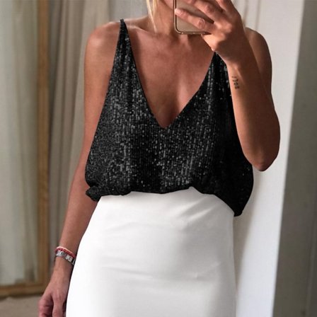 Dam Camisole Topp Paljetter V-ringning Rund Hals Framsida Baksida Bekväm Ärmlös Camisole Topp Svart L