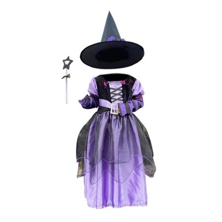Halloween-heks-kjole med hatt for barn, lilla eventyrheks-kostyme, finstas