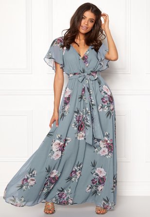 Goddiva Flutter Floral Maxi Dress Air Force Blue Klær