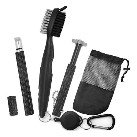 Golf-maila puhdistussarja, kääntyvä golfharja ja 2 golf-mailaura-teroitinta U- ja V-uurteille, G