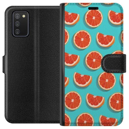 Kompatibelt Lommeboketui til Samsung Galaxy A02s Illustrert mønster med gjentatte grapefrukt skiver mot en turkis bakgrunn