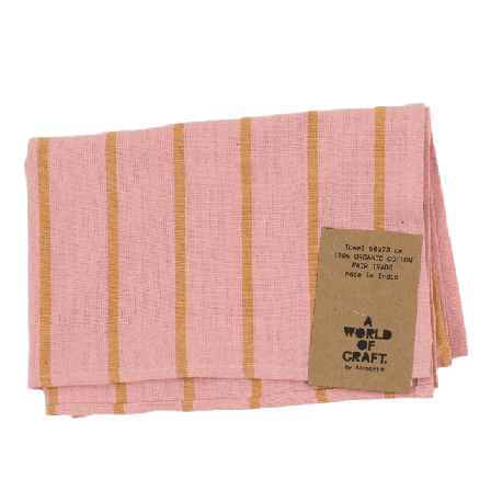 A World of Craft ECO WIDESTRIPE Handduk, rosa/senap Kökstextil Rosa 50x70 cm