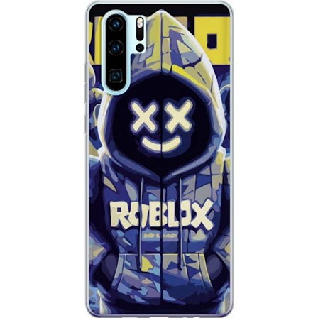 Kompatibelt Mobildeksel til Huawei Huawei P30 Pro Blågul Roblox hettegenserfigur med minimalistisk neonstil og masket ansikt, moderne spillillustrasj