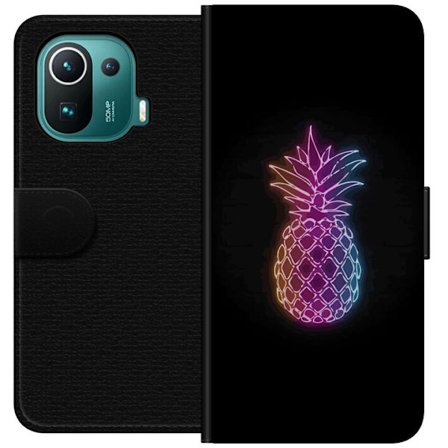 Yhteensopiva Lompakkokotelo Xiaomi Xiaomi Mi 11 Pro Neonkuvitus ananaksesta värikkäässä valossa mustaa taustaa vasten