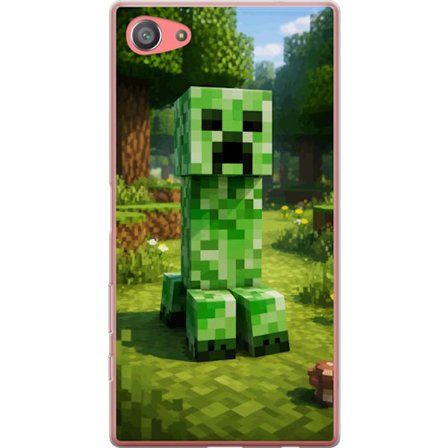 Kompatibelt Mobilskal till Sony Xperia Z5 Compact Block-baserad Creeper-figur i en grön pixell värld, ikonisk spelillustration för barnrum, gamers