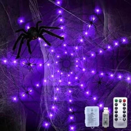Halloween Lyslenge, 80 LED 1,2M Halloween Dekor Spider Web Lys, 8 Moduser Vanntett Lyslenge, Utendørsdekorasjon for Halloweenfest