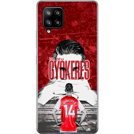 Yhteensopiva Puhelinkuori Samsung Galaxy A42 5G Punainen dramaattinen kollaasikuva, jossa esiintyy Viktor Gyökeresin muotokuva ja pelaajia takaapäin a