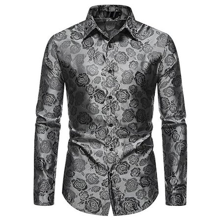 Allthemen Herre Casual Slim Lapel Rose Floral Langærmet Skjorte