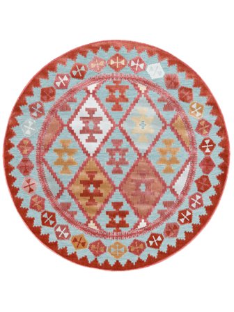 Saga Kilim Innen-/Outdoor-Teppich Waschbar Ø 200 Türkis/Mehrfarbig Geometrisch Rund