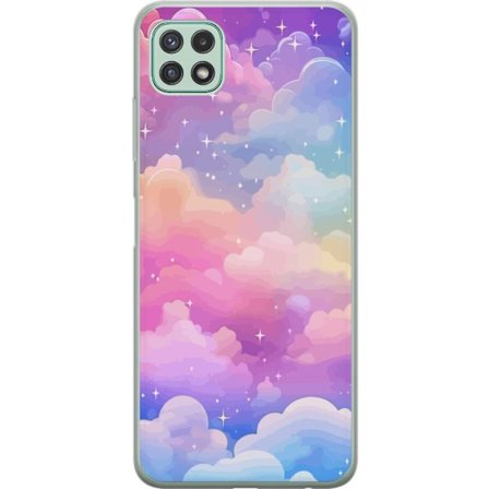 Kompatibelt Mobildeksel til Samsung Galaxy A22 5G Søt enhjørning med regnbuefarget hår mot en stjernebelagt pastellbakgrunn i kawaii-stil