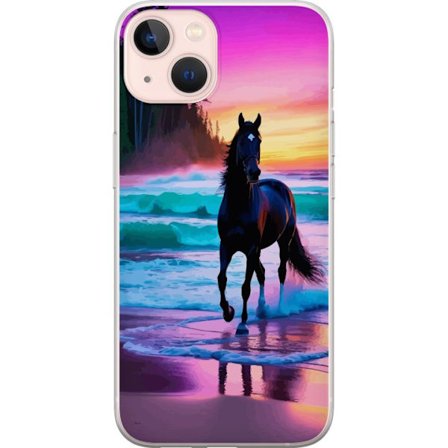 Kompatibel Mobilcover til Apple iPhone 13 Sort hest på stranden ved solnedgang med farverig himmel, drømmeagtig naturillustration for plakater og mobi