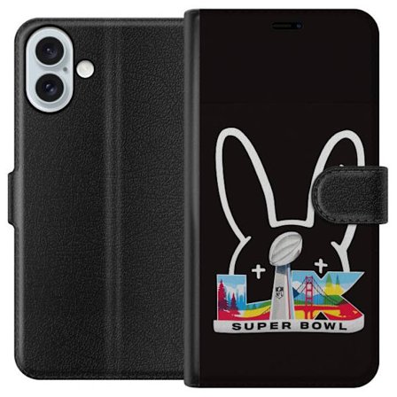 Kompatibel Tegnebogsetui til Apple iPhone 16 Plus Bad Bunny portræt med åben skjorte, tatoveringer og krøllet hår i stilfuld modefotografering