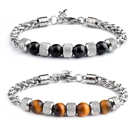 2 Pcs Tiger Eye Bead Bracelet Adjustable Stainless Steel Metal Chain For Men Jewelry