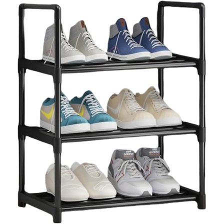 Stabelbar liten skohylle med 3 nivåer, smal skohylleoppbevaring, svart skostativ for gang, soverom, rask montering{f2}