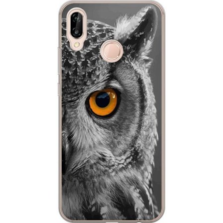 Kompatibelt Mobildeksel til Huawei P20 lite Svart og hvit nærbilde av en ugle med kraftig oransje øye og detaljert fjærstruktur.