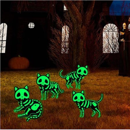 Utomhus Halloween Dekorationer Gårdsskyltar - 4PCS Glow in the Dark Skelett Svart Katt Silhuett Gräsmattskyltar med Insatser för Gräsmatta Trädgård 