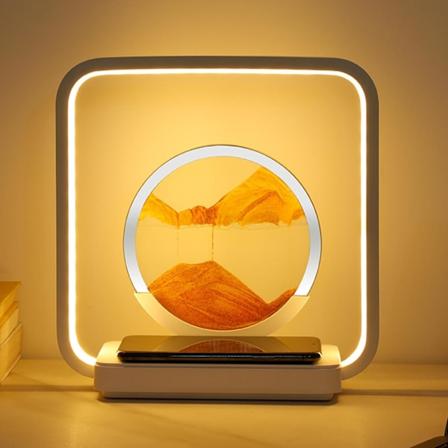 Bevægelig Sandsyntebilleder LED Lys 3D Timeglas Dybhavs Sandscape Bordlampe med USB Trådløs Oplader, 3 Farvetilstande Berøringsstyret Bordlampe Orange