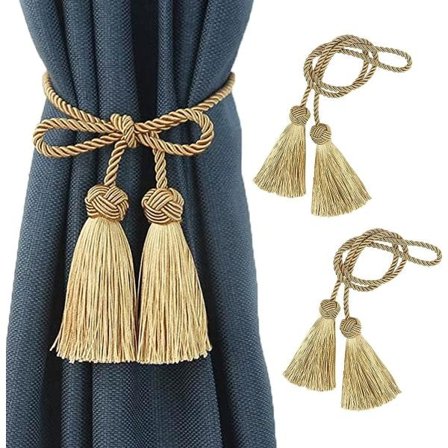 Et par taugardinbindere med frynser, gull