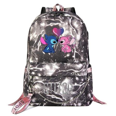 Stitch Kawaii Pojkar Flickor Barn Skolboksväskor Dam USB Chain Ryggsäck Canvas Män Laptop Väska Pack Packsäck Bokväska 8