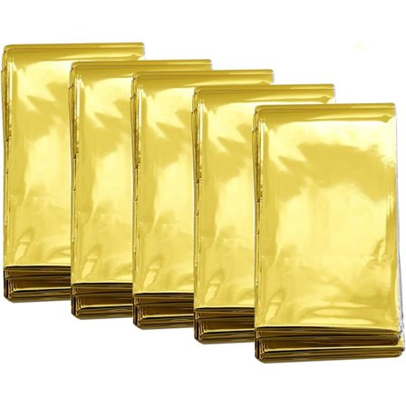 Overlevelses tæppe (5 stk.) Stor størrelse 210 x 160 cm, Nød tæppe til udendørs brug, Holder på kropsvarmen, Vandtæt, til Camping, Vandring