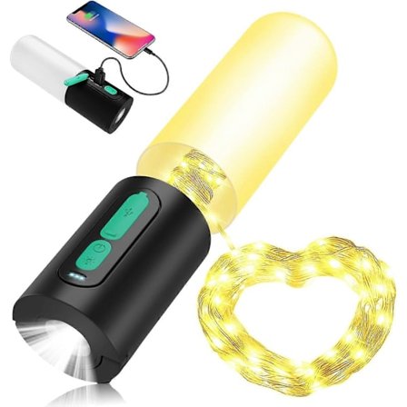 Campinglampor, 4 i 1 Uppladdningsbar LED Campinglykta med 10M Ljusslinga, Portabel 4000mAh Batteridriven Tältlampa