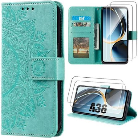 Coque til Samsung Galaxy A36 5G - BOOLING - Stødabsorberende Kunstlæder med Mandala Gravur Grøn - 2 Herdet Glas