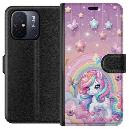Kompatibel Tegnebogsetui til Xiaomi Redmi 12C Magisk enhjørning med regnbue manke, stjerner og sommerfugle mod en pastelfarvet himmel med skyer