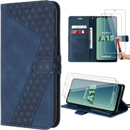 Etui til Samsung Galaxy A15 5G-4G, foldbar beskyttelse i marineblåt syntetisk læder med stativ + 2 hærdede briller marinblå