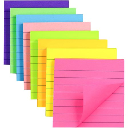 (8 Pakke) Linjert Sticky Notes Post, 8 Farger Selvklebende Notatblokk Dens 3X3 tommer