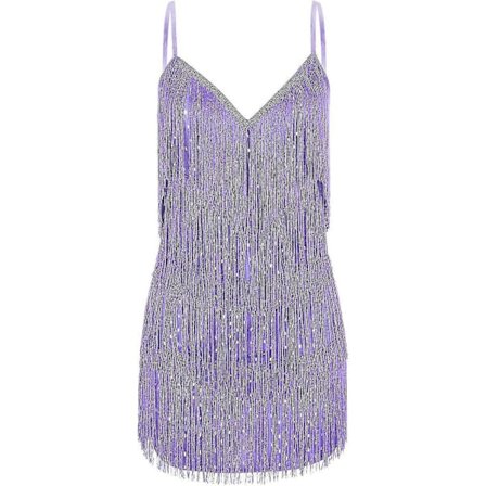 Cocktailkjoler for kvinner, sexy dyp V-hals, full av frynser, spaghettistropper, kjole med paljetter og fjær for ball