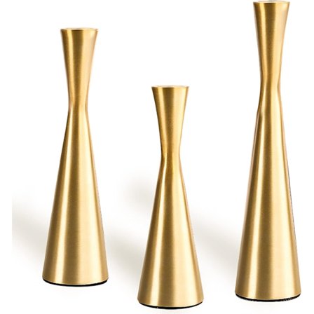 Sett med 3 gullfargede lysestaker, metallkandelabre med konisk form som borddekorasjon