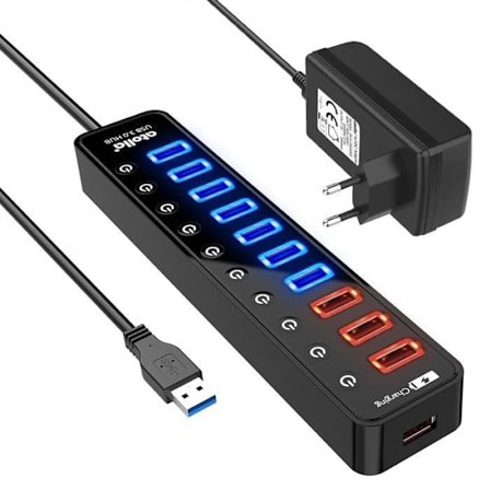 Atolla 11-Port Drevet USB 3.0 Hub, USB Hub Dataoverføring med LED-er Individuell Strømbryter
