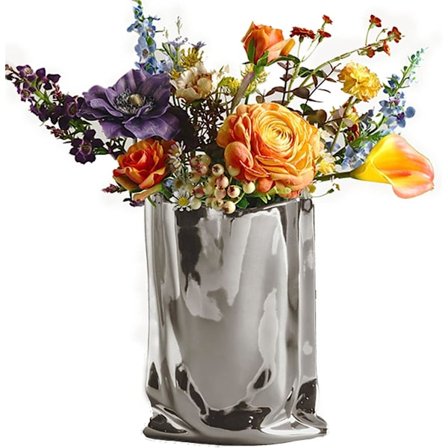 Silver Keramisk Modern Vas Kreppa Vik Papperspåse Handgjord Keramisk Vas, Kreativa Blomsterarrangemang Prydnader