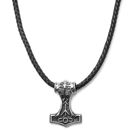 Collier en cuir noir et pendentif Viking double face pour hommes - Colliers marteau de Thor