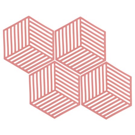 4 stk. sekskantede stripete røde varmeisolerte bordbrikker, underlag, koppunderlag, spisematter, kjøkkenredskaper