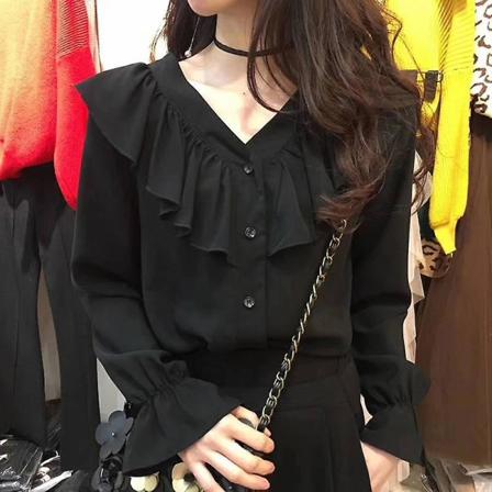 Blusar Skjortor Dam V-ringad volanger Chic Solid Flare Sleeve All-match Elegant enkelknäppt chiffong Koreansk stil Nytt mode black XL