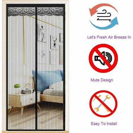 Magnetisk myggenetdør 140x220cm, Fiberglasdør myggenet, Fluenet til dør Automatisk lukning Ultra fint mesh Uden dryp (Sort)