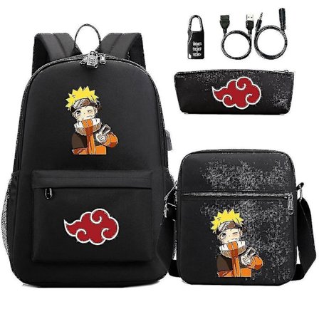 3pcs/set Naruto Anime School Backpack Usb Oxford Satchel Messenger Bag Pencil Bag