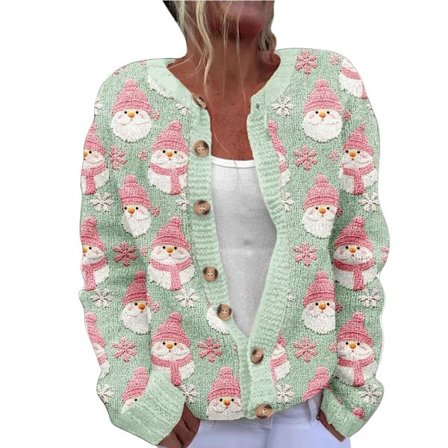 Julkofta för damer i stora storlekar med tryck, knappar, varm och bekväm grovstickad jacka