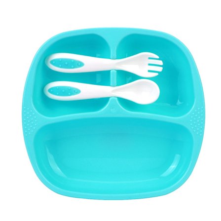 3 stk. Sklisikker spisebrikke-tallerken sett for barn med skje gaffel bærbar baby måltidsutstyr blå