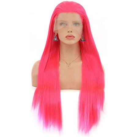 Hårförlängningar Fashian Cosplay Peruk Rose Red Långt rakt hår Front Spets Chemical Fiber Huva (Färg: Rose Red, Storlek: 16 tum)