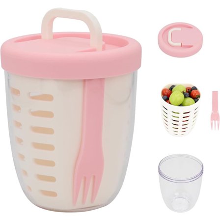 Frugtskål - Salatskål - Lækagesikker genanvendelig madbeholder med låg og dræningskurv - Velegnet til arbejde, skole og rejser. - 650 ml (Pink)