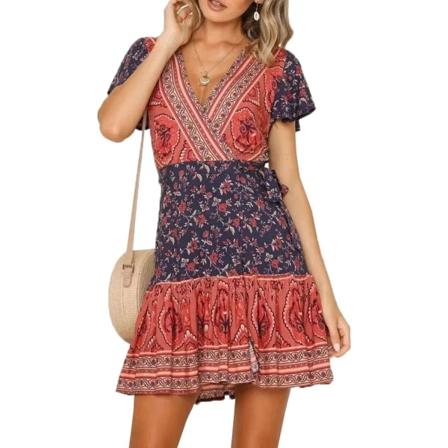 ivimos Dam Sommar Kortärmad Casual Bohemian Strand Volang Blommig Tryck Rosett Kort Solklänning Mörkblå#2 X-Small