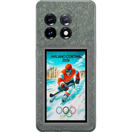 Yhteensopiva Puhelinkuori OnePlus 11 Curlingkuvitus pelaajilla ja kivillä jäällä, Milano Cortina 2026, lumisia roiskeita ja olympiasormukset