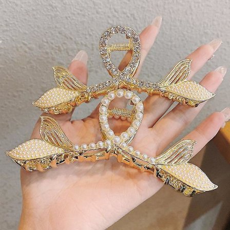 Elegante hårklemmer med rhinstein og perler, geometrisk fiskehale, hårspenner, hårtilbehør, sett med 2 stk.