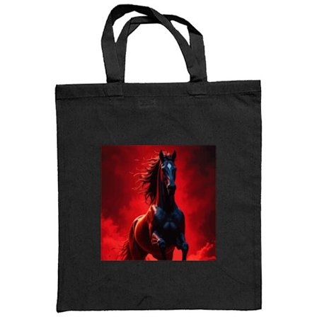 Stoffpose Kraftig svart hest i røde skyer og støv, dramatisk belysning, intens bevegelse og mystisk fantasyfølelse med sterk kontrast.